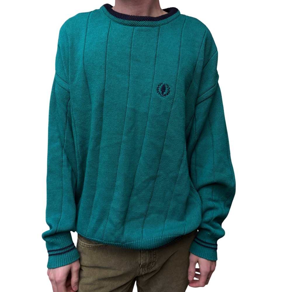 VINTAGE JANZEN TURQUOISE‎ COLORBLOCK STRIPE KNIT SWEATER XL